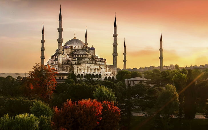 مسجد السلطان أحمد ، اسطنبول ، تركيا ، مسجد ، مدينة ، عمارة ، عمارة إسلامية ، عمارة عثمانية ، أشجار، خلفية HD