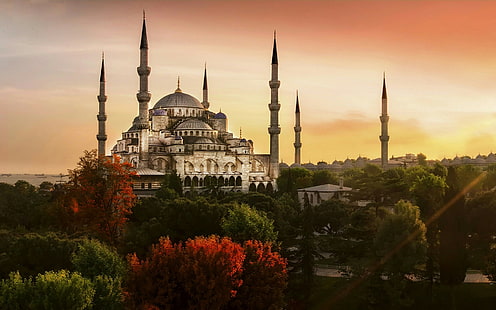 مسجد السلطان أحمد ، اسطنبول ، تركيا ، مسجد ، مدينة ، عمارة ، عمارة إسلامية ، عمارة عثمانية ، أشجار، خلفية HD HD wallpaper