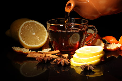clear glass mug, lemon, tea, Cup, cinnamon, peel, HD wallpaper HD wallpaper