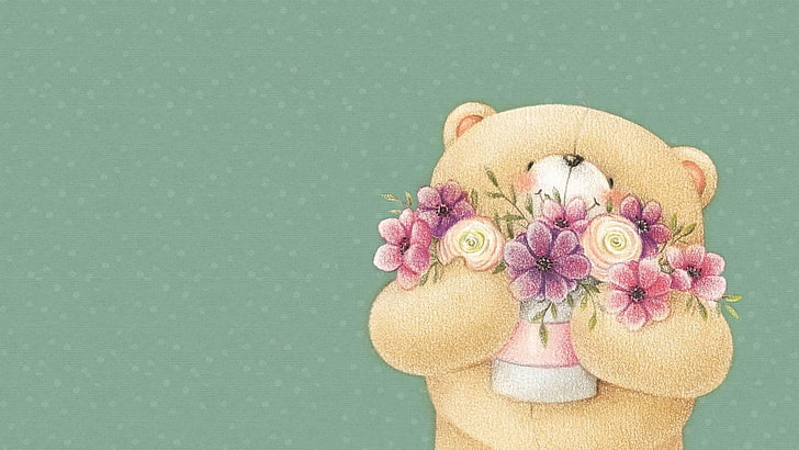 brown bear holding flowers wallpaper, forever friends deckchair bear, teddy bear, flowers, art, HD wallpaper