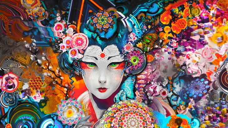 ritratto di donna multicolore dipinto, colorato, astratto, geisha, Sfondo HD
