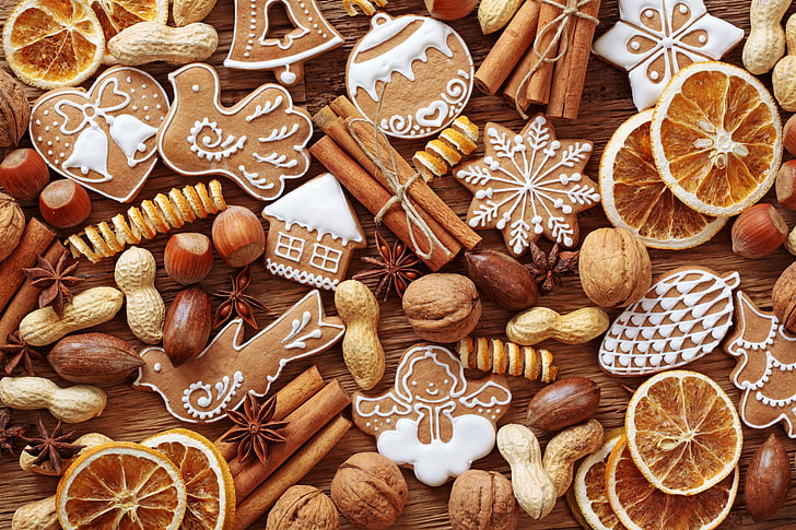 peanuts and gingerbread, New Year, cookies, Christmas, sweets, nuts, cinnamon, citrus, figures, cakes, holidays, spices, star anise, Anis, HD wallpaper