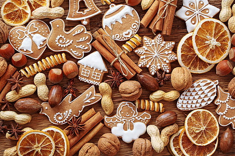 peanuts and gingerbread, New Year, cookies, Christmas, sweets, nuts, cinnamon, citrus, figures, cakes, holidays, spices, star anise, Anis, HD wallpaper HD wallpaper