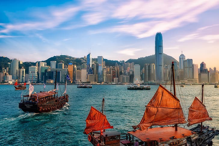 les montagnes, la ville, le bâtiment, la maison, les navires, Hong Kong, Victoria Harbour, Fond d'écran HD
