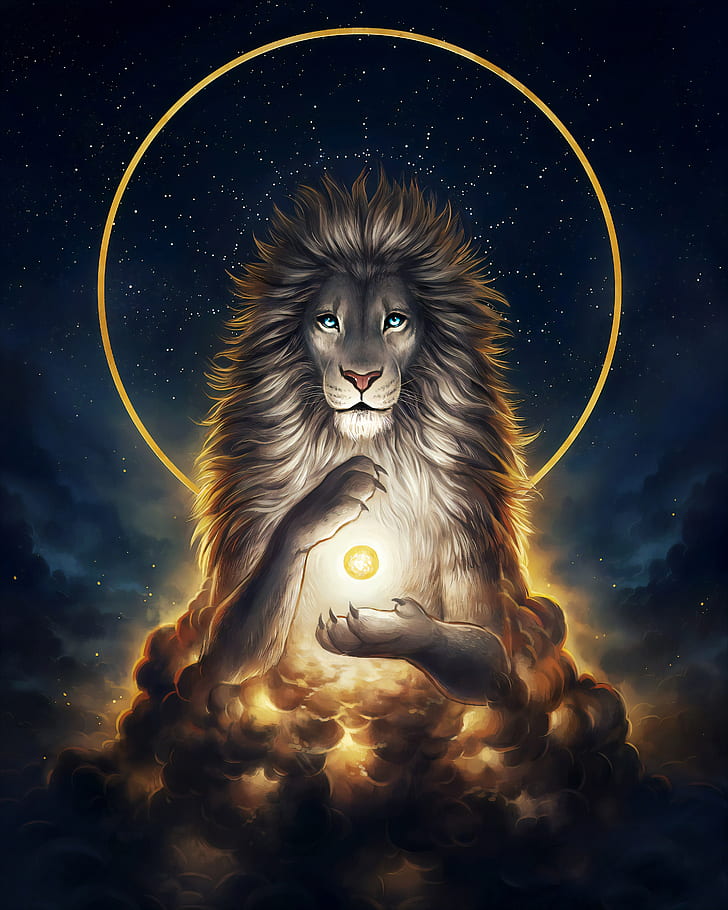 Löwe, weißer Löwe, weißes Haar, blaue Augen, Jonas Jodicke, Kunstwerk, Göttlichkeit, Aslan, HD-Hintergrundbild, Handy-Hintergrundbild