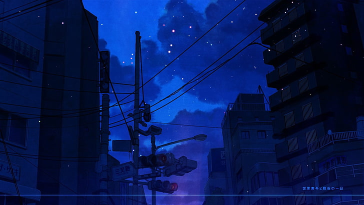 obra de arte, noche, ciudad, cables, urbano, anime, Fondo de pantalla HD