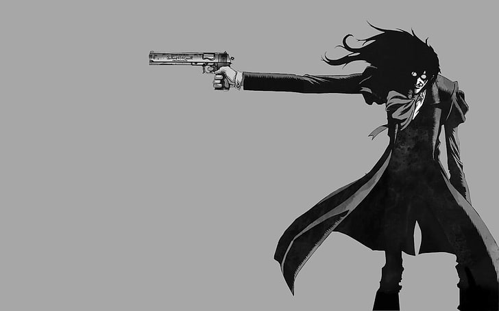 человек персонаж держит пистолет, хеллсинг, манга, аниме, алукард, пистолет, HD обои