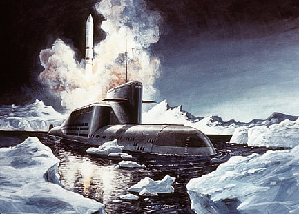 submarine poster, Russian Navy, Soviet Union, USSR, missiles, submarine, military, artwork, vehicle, HD wallpaper HD wallpaper