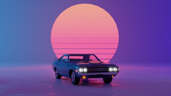 Dodge Challenger, Dodge, Retro Wave, simple background, Blender, blue, purple, synthwave, car, vehicle, HD wallpaper