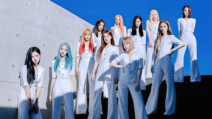 women, K-pop, LOONA, white clothing, dyed hair, long hair, group of women, singer, HD wallpaper