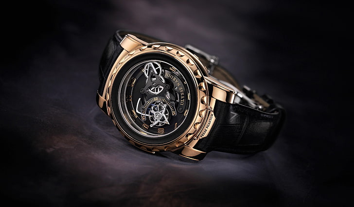 round gold-colored mechanical watch with black leather strap, Watch, Ulysse Nardin, freak phantom, HD wallpaper