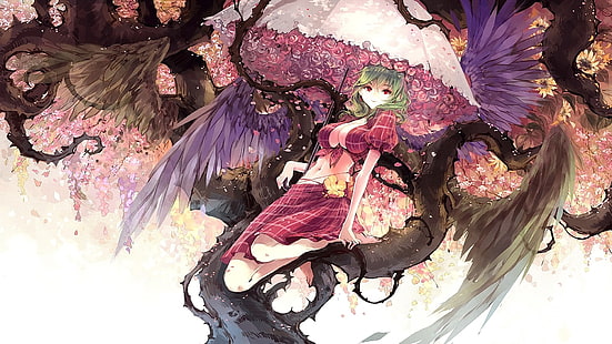 Anime, Anime Mädchen, Touhou, Kazami Yuuka, Flügel, grüne Haare, rote Augen, Regenschirm, Blumen, lächelnd, lange Haare, HD-Hintergrundbild HD wallpaper