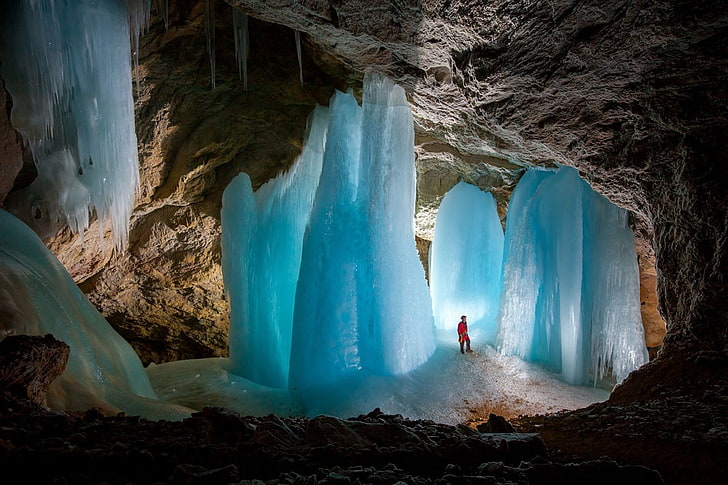 vestido floral azul y blanco para mujer, cueva, naturaleza, azul, hielo, subterráneo, Fondo de pantalla HD