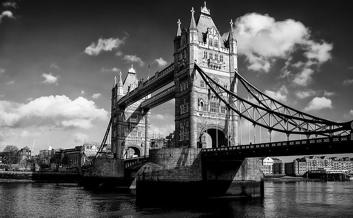 Лондонски мост, Тауър Бридж, Лондон, Черно и бяло, река, Темза, Обединено кралство, Лондон, мост, HD тапет