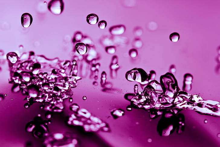 shallow focus photography of droplets of waters, Splash, shallow focus, photography, droplets, waters, drops, purple, drop, liquid, nature, water, freshness, blue, splashing, close-up, backgrounds, macro, bubble, wet, abstract, HD wallpaper