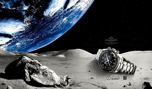 часовници, космос, цифрово изкуство, търговски, Луна, луксозни часовници, Omega (часовник), HD тапет HD wallpaper