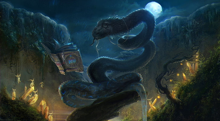 smok ilustracja tapeta, sztuka fantasy, grafika, wąż, księżyc, wróżki, Tapety HD