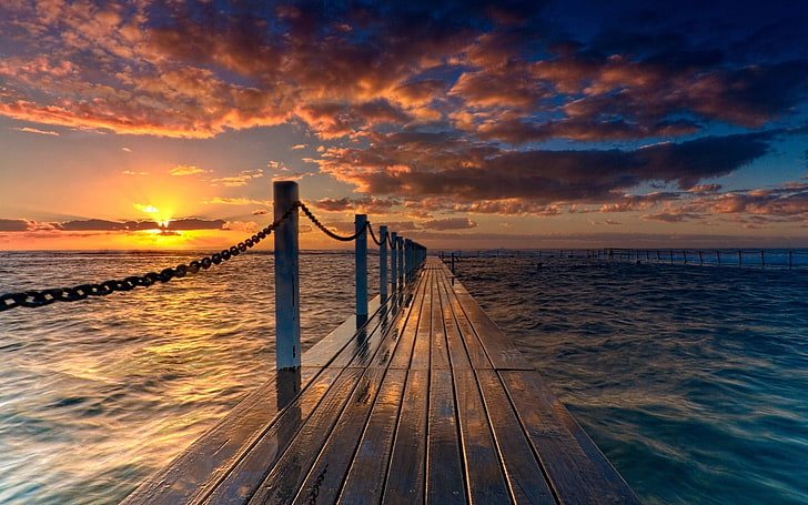 brown wooden dock, landscape, nature, sunset, pier, HD wallpaper