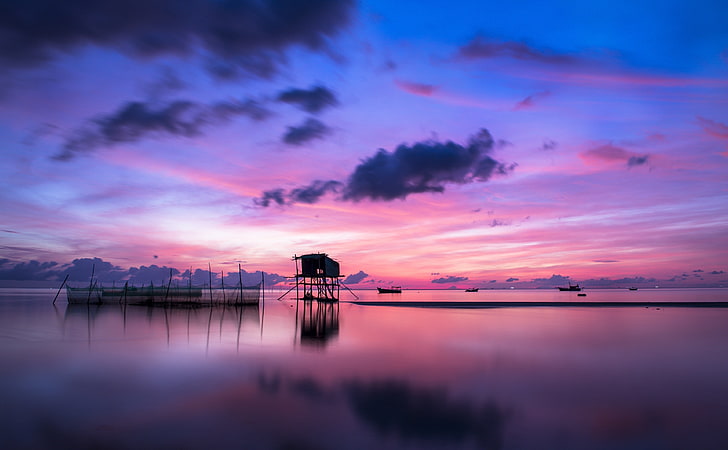 Sunrise in Vietnam, black wooden house, Asia, Vietnam, Sunrise, Ocean, Blue, Orange, Travel, Beach, Nature, Colorful, Landscape, Summer, Yellow, Color, Sunset, Light, Morning, Scene, Dawn, Island, Cloud, Wave, Water, Tropical, Silhouette, Sand, Holiday, Season, Reflection, Weather, Evening, Vacation, tourism, phu quoc, quoc, beautiful landscape, landscapes beautiful, sunset landscape, sunset background, HD wallpaper
