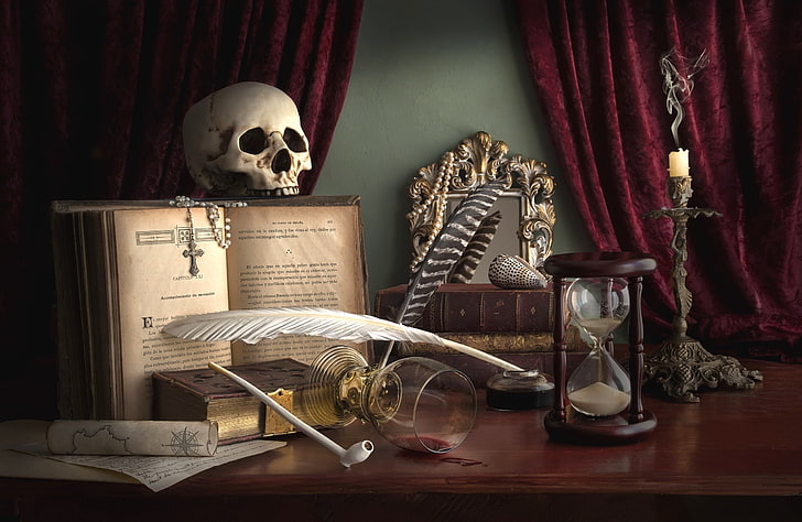 white feather, tobacco pipe, hourglass, and skull, pen, glass, skull, candle, tube, cross, mirror, shell, book, still life, curtains, hourglass, HD wallpaper