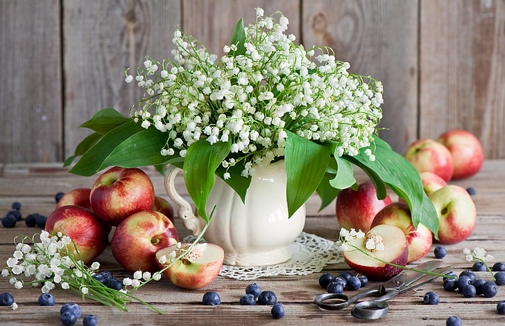 white flowers, flowers, blueberries, peaches, lilies of the valley, peach, blueberry, HD wallpaper