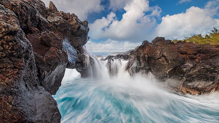 Indian Ocean, coast, water, rock, nature, La Reunion Island, HD wallpaper