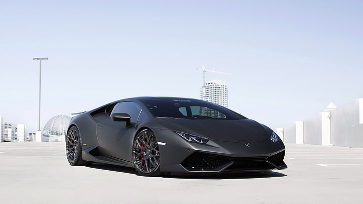 Lamborghini Huracan noir, voiture, voiture de sport, Lamborghini, bâtiment, Lamborghini Huracan, urbain, grues (machine), Fond d'écran HD