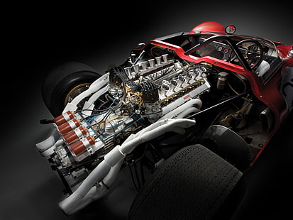 veículo vermelho, cinza e branco, Ferrari, 1967, 350, Aranha, Can-Am, O motor V12, Poderoso, Carros de corrida clássicos, Atmosférica, Compartimento do motor, HD papel de parede HD wallpaper