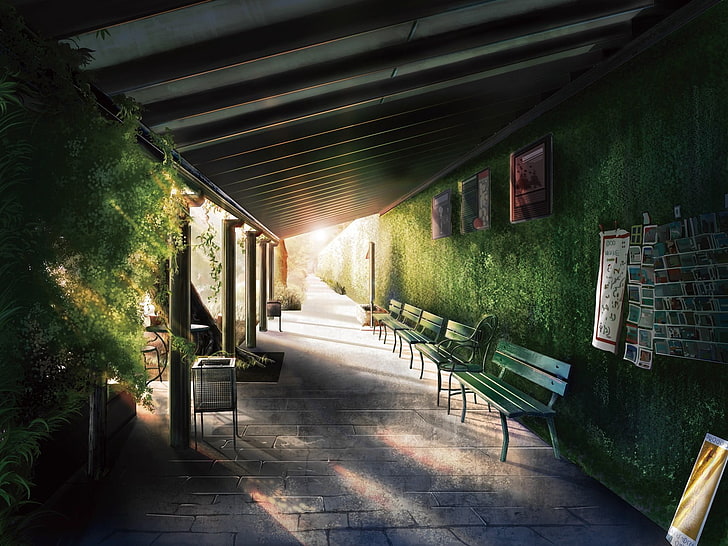 пет зелени дървени пейки, аниме, пейка, слънчева светлина, сграда, HD тапет