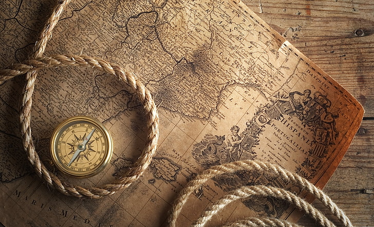 Карта испании, стол, карта, компас, веревка, HD обои