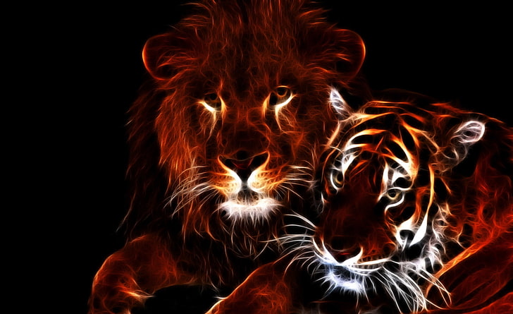 Glowing Lion and Tiger, leone e tigre sfondo digitale, Aero, Nero, animali, tigre, selvaggio, leone, Sfondo HD