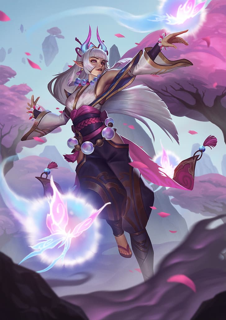 Unstable Anomaly, drawing, Syndra (League of Legends), League of Legends, women, silver hair, spirit blossom, fantasy art, petals, video game art, HD wallpaper