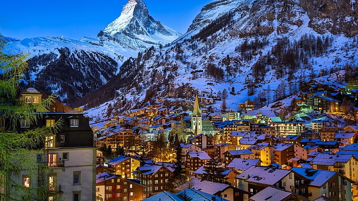 miasto, Alpy Pennińskie, Zamontuj dekoracje, niebo, Matterhorn, Alpy, Miasto, atrakcja turystyczna, punkt orientacyjny, zima, góra, natura, górska wioska, światła, Szwajcaria, Zermatt, Europa, Tapety HD