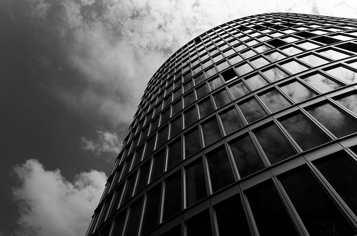 worms eye view of building in grey scale, Do, we can, worms, eye, view, building, grey scale, Heavens, A58, Sony, Skyscrapers, Touch, Explore, Explored, exposure, Earth, WOW, architecture, skyscraper, office Building, built Structure, building Exterior, window, urban Scene, glass - Material, modern, business, reflection, city, HD wallpaper