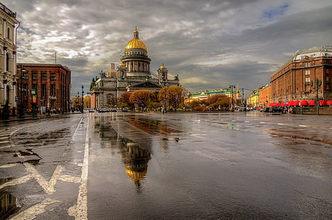 Санкт Петербург, след дъжд, Русия, сиво и златно domw, Русия, Санкт Петербург, след дъжд, HD тапет HD wallpaper