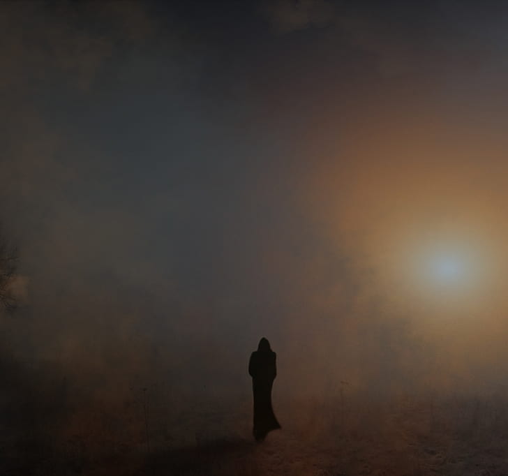 silhouette, fog, mantle, wanderer, gloomy, HD wallpaper