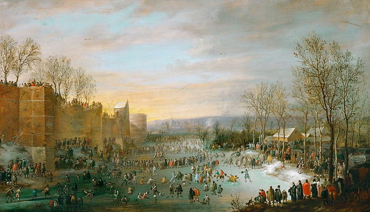 зима, пейзаж, город, люди, картина, катание на коньках, Городской ров Брюссель, Роберт ван ден Хукке, HD обои