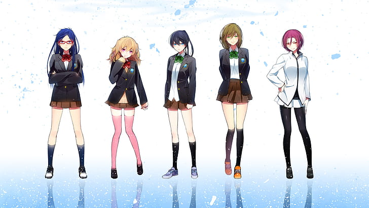 anime, anime girls, uniforme scolaire, cheveux bleus, blond, fond simple,!, Fond d'écran HD