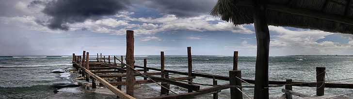 brown wooden pier, multiple display, beach, storm, HD wallpaper
