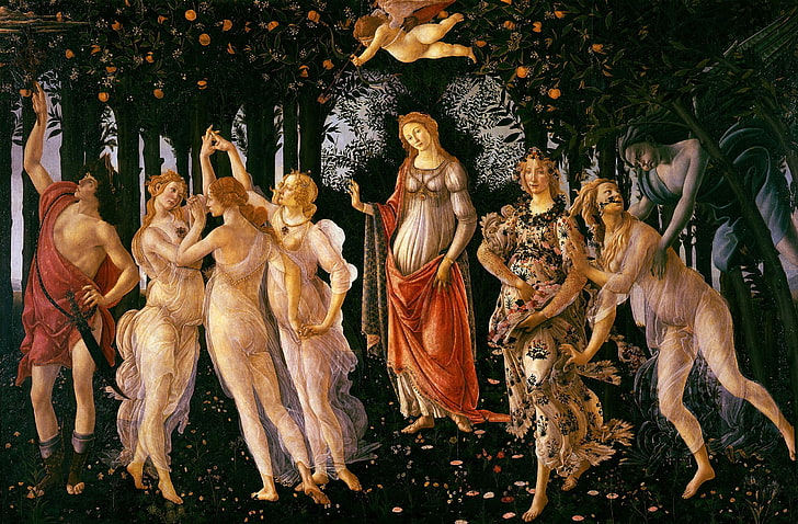 stojący mężczyzna i kobiety malarstwo, obraz, wiosna, mitologia, Sandro Botticelli, Tapety HD