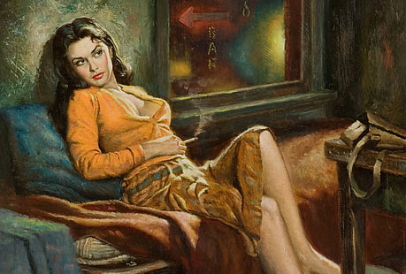 donna appoggiata sul divano pittura, ragazza, figura, immagine, pittura, arte, ragazze, pin-up, dipinti, Sfondo HD HD wallpaper