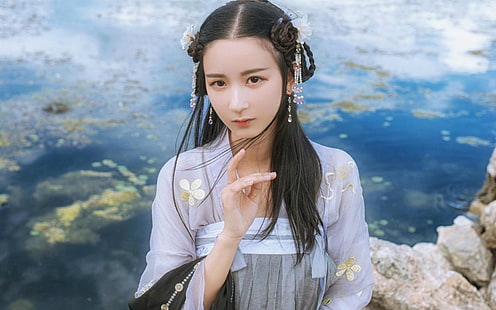 pakaian tradisional coklat dan putih wanita, Hanfu, pakaian Cina, Asia, Wallpaper HD HD wallpaper