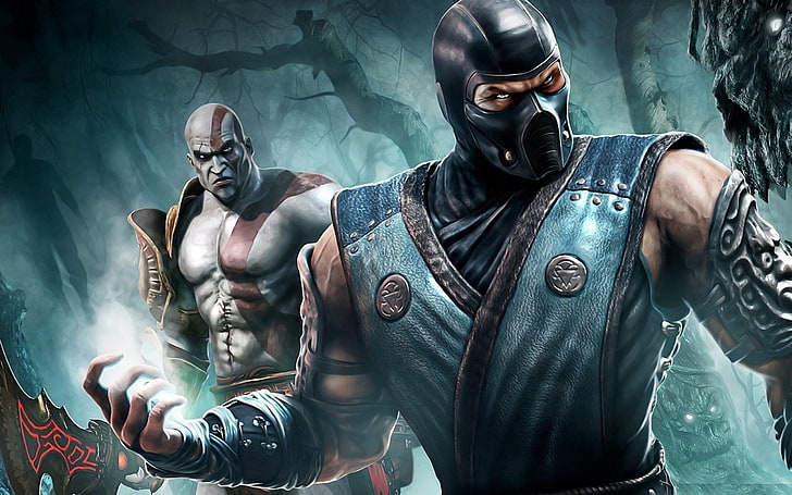 치명적 Kombat Sub-Zero 및 Kratos 디지털 벽지, 전쟁의 신, 치명적 Kombat, Sub-Zero, Sub Zero, Kratos, Mortal Kombat (2011), HD 배경 화면