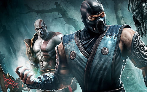 치명적 Kombat Sub-Zero 및 Kratos 디지털 벽지, 전쟁의 신, 치명적 Kombat, Sub-Zero, Sub Zero, Kratos, Mortal Kombat (2011), HD 배경 화면 HD wallpaper