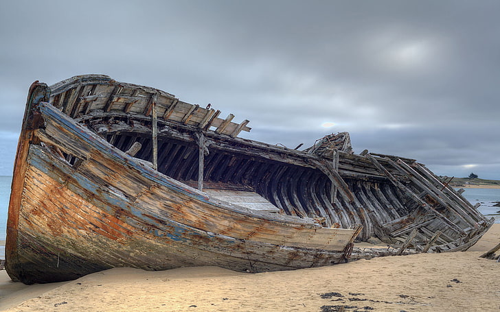 brown and gray boat, overcast, mood, the situation, TREE, SHIP, HORIZON, The SKY, SAND, COAST, SHORE, BOARD, CASE, The WRECKAGE, The SHIP, FRAME, BOAT, minor, RUINS, HD wallpaper