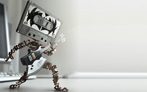 Funny Cassette Guitarist, brass gray and white cassette tape head person playing guitar miniature, funny, cassette, guitarist, HD wallpaper HD wallpaper