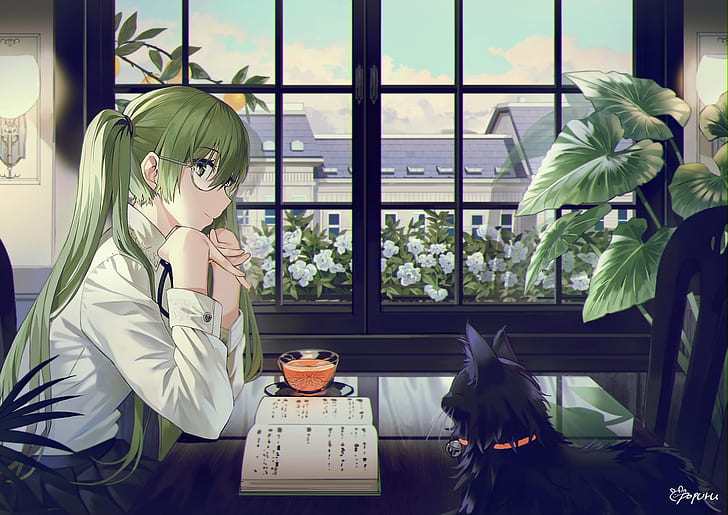 Hatsune Miku, green hair, plants, tea, black cats, trees, books, reflection, flowers, HD wallpaper