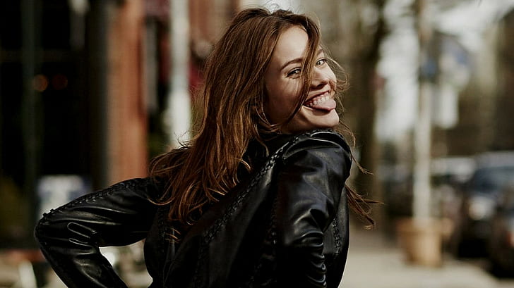model, smiling, Monika Jagaciak, leather jackets, brunette, Polish women, black jackets, tongue out, HD wallpaper