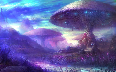 purple and brown mushroom hut, mushrooms, planet, home, HD wallpaper HD wallpaper
