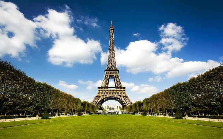 architektura, wieża, Francja, francuski, Wieża Eiffla, drzewa, niebo, chmury, Tapety HD